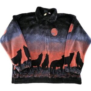 Vintage 90's Mazmania Wolf Sunset Fleece Jacket Size 2x Zip Jacket USA Unisex